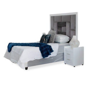 Zanzibar Queen Headboard White Wood Grey Velvet (Pedestals Not included)